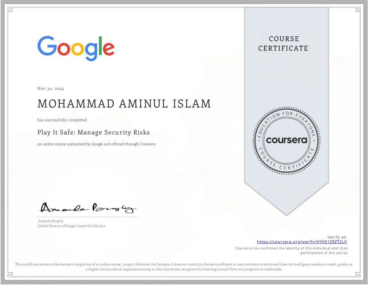 Google Cybersecurity Certificate - Play It Safe: Manage Security Risks
