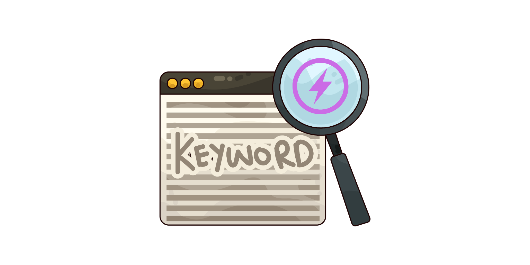 Magnifying glass highlighting keyword on a web page, representing keyword research and SEO optimization.