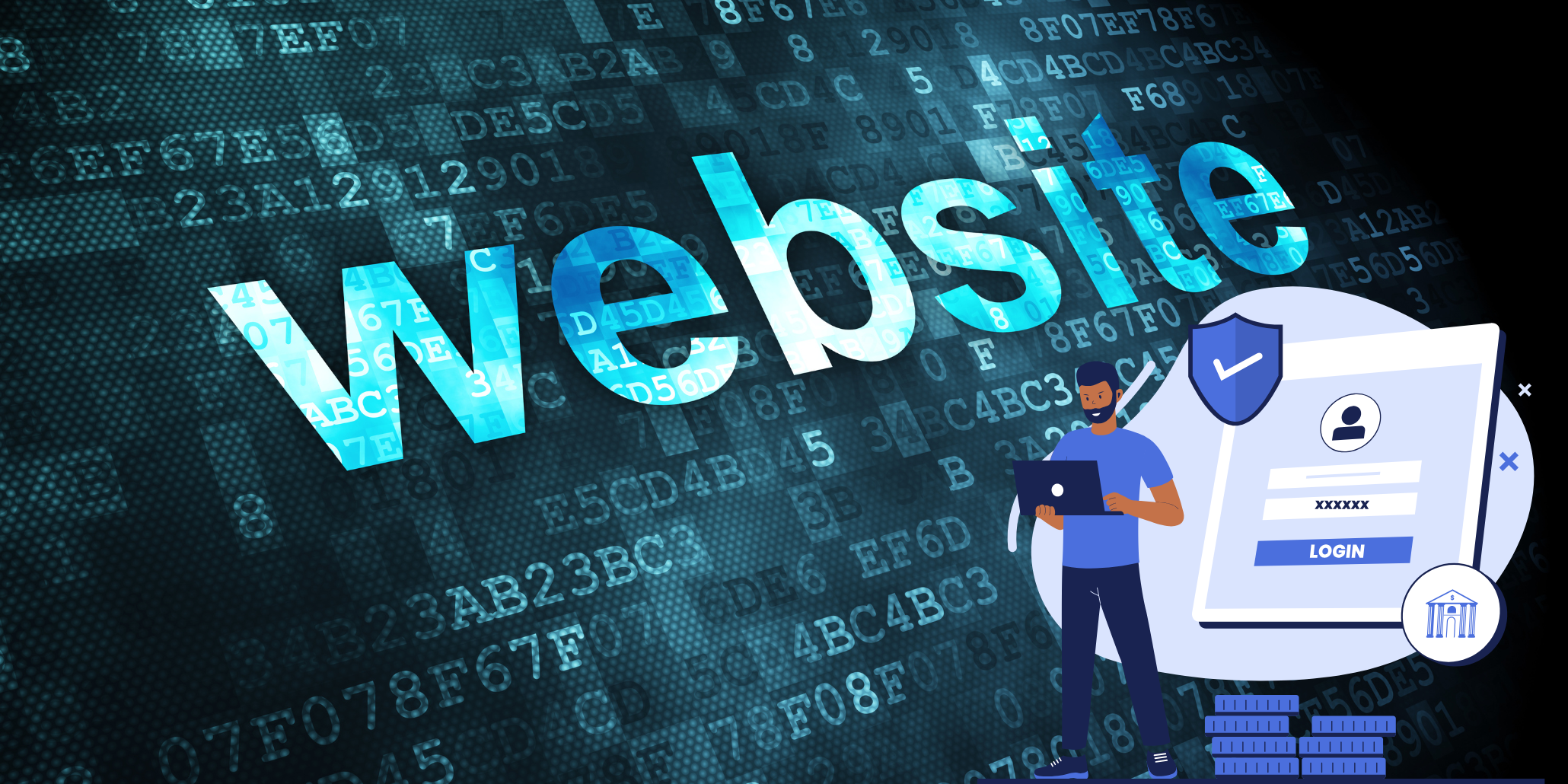 Illustration of a secure website login with a person using a laptop, symbolizing AI in cybersecurity and data protection.