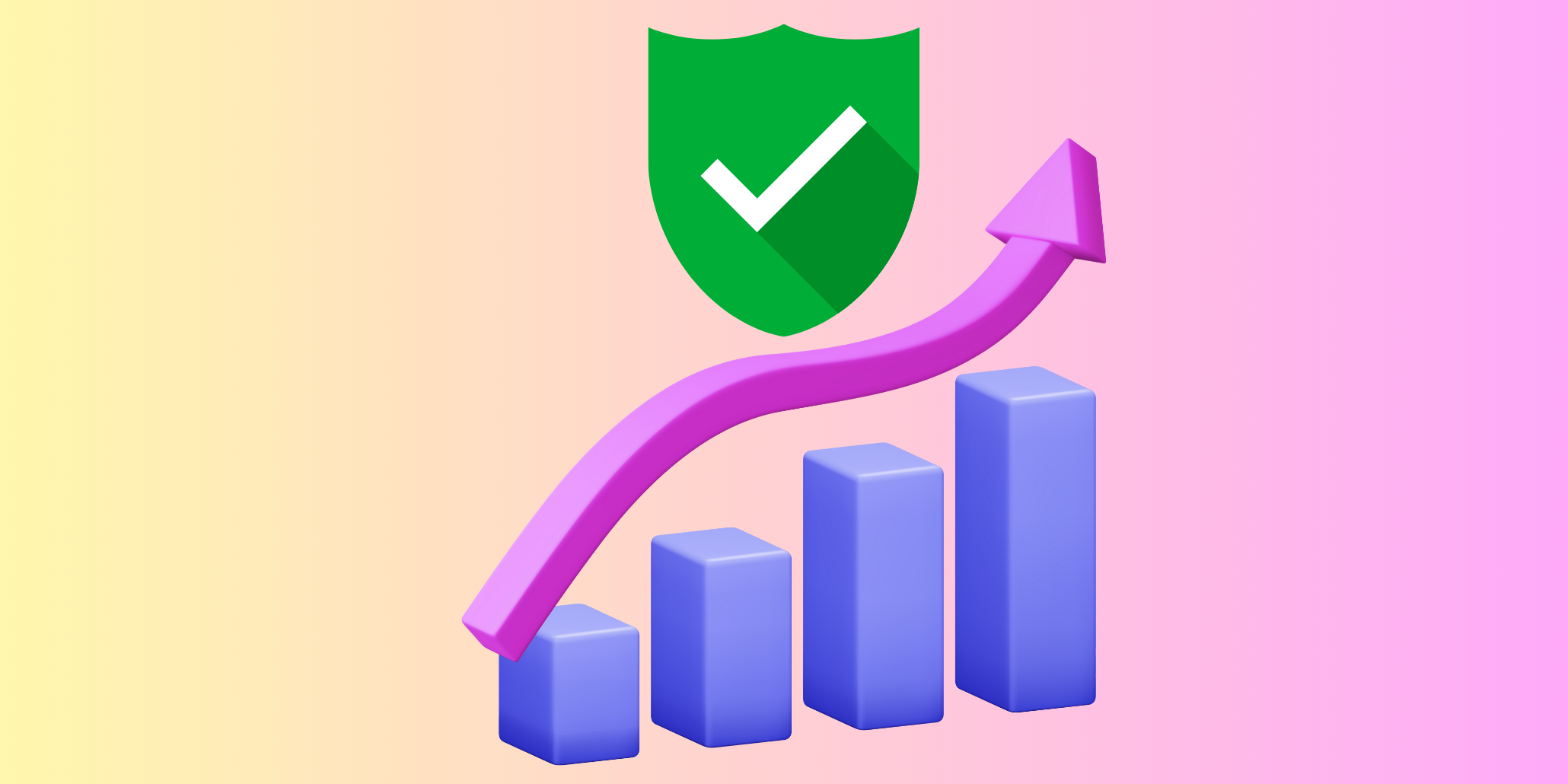 3D bar chart with an upward arrow and a security shield, symbolizing Zero Trust security model growth and improved protection trends.