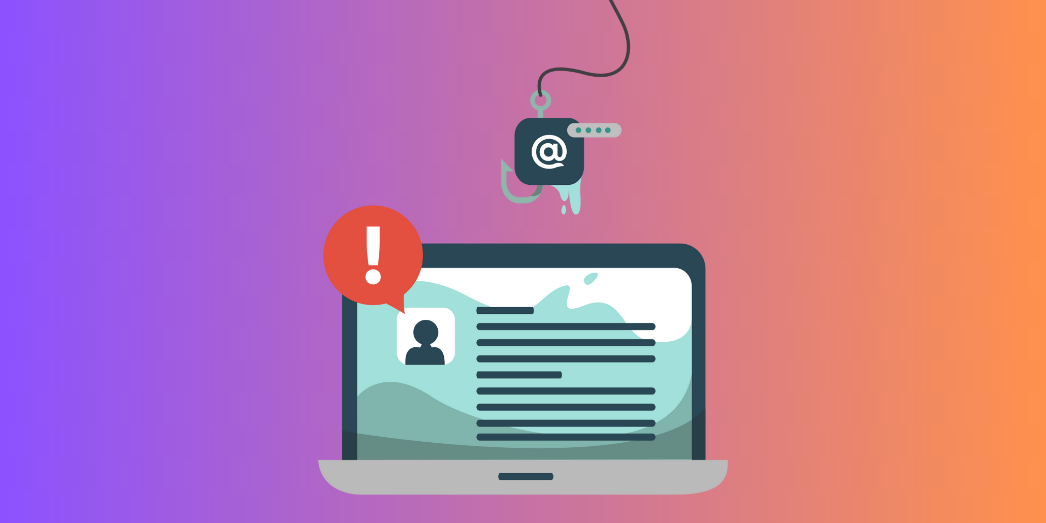 Illustration of a phishing hook stealing login credentials from a laptop screen, representing modern phishing attack tactics and email threats.