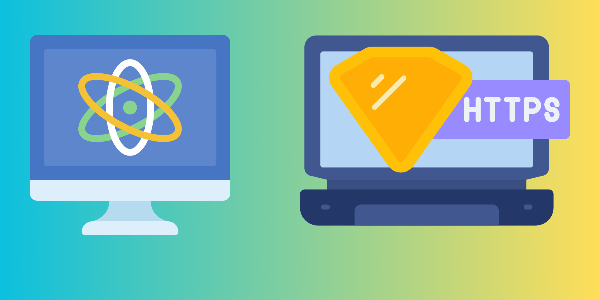 Two monitors side by side, one with a quantum symbol and the other with HTTPS, representing quantum vs. encryption challenges.