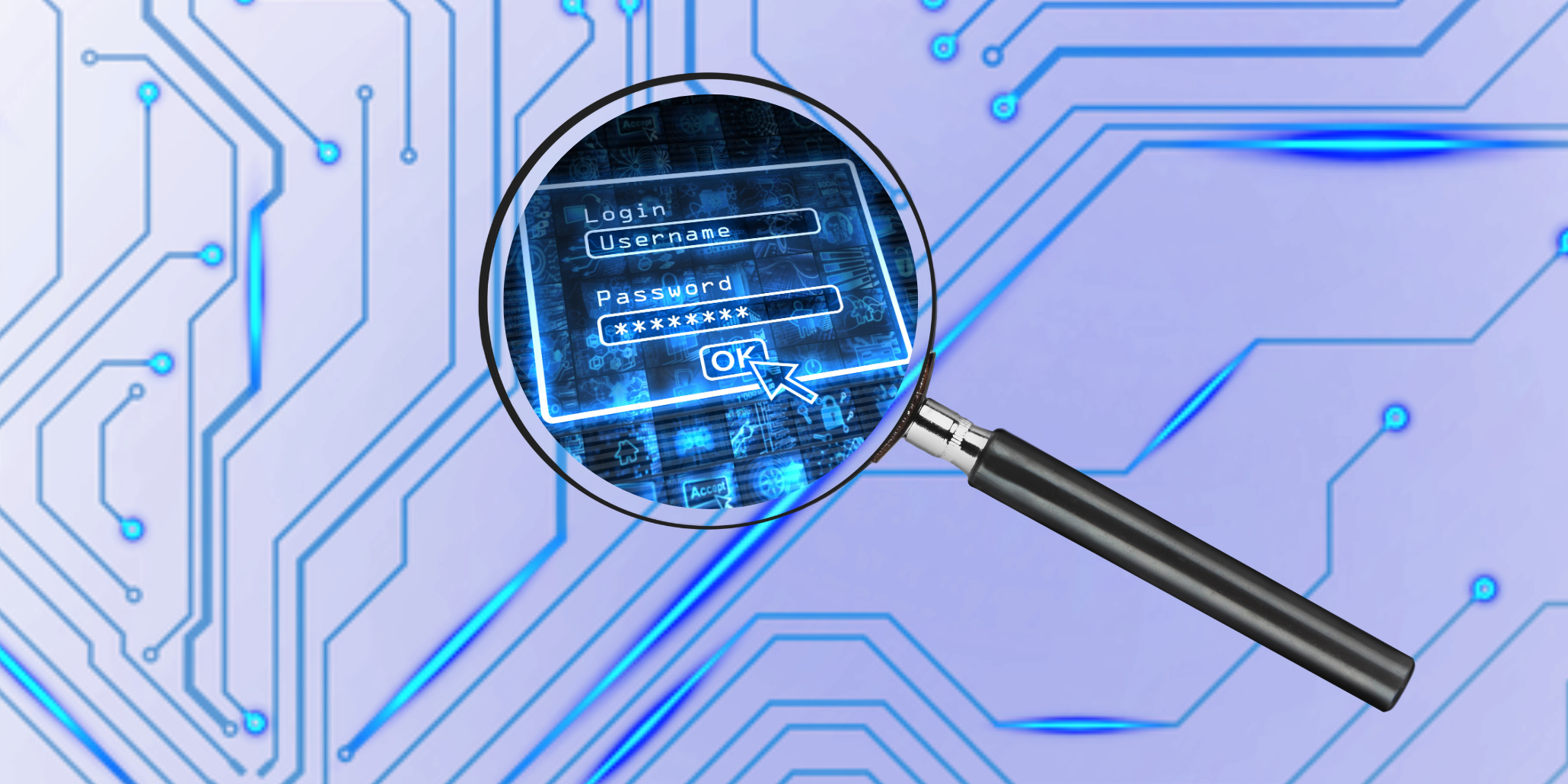 Magnifying glass over a login screen in digital space, showing link between cybersecurity, SEO, and Google rankings.